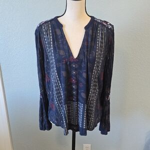 LUCKY BRAND Navy Boho Peasant Embroidered Long Sleeve Vneck Blouse Sz Large